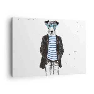 Lærredstryk - Billede på lærred - Portræt af en hund med briller og sømandsskjorte i humoristisk stil - 70x50cm - En charme til hunden - Moderne vægdekoration til stue og soveværelse ARTTOR