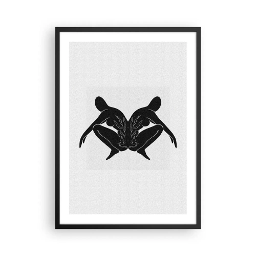 Plakat i sort ramme - Sorte silhuetter af figurer i en symmetrisk komposition - 50x70cm - En delt sjæl - Moderne vægdekoration til stue og soveværelse ARTTOR