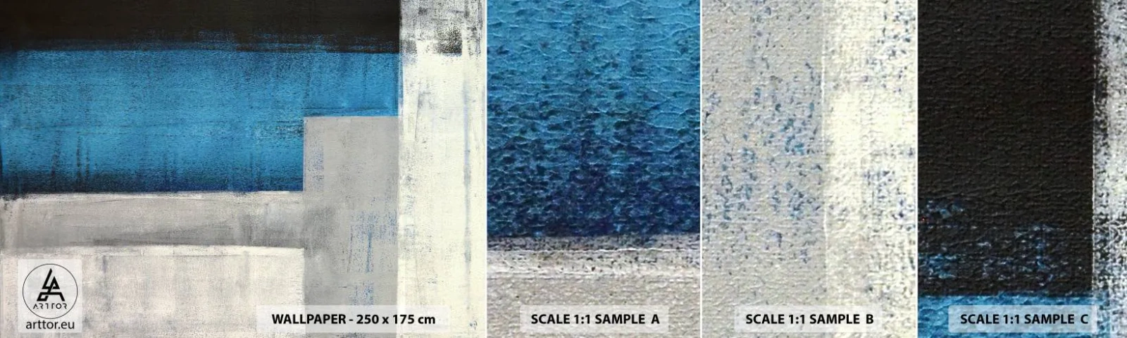 Prøve Fototapet Selvklæbende Deluxe Sticker - Poetisk komposition af grå og blå - Abstraktion, Stykke, Maleri - 100x30 cm