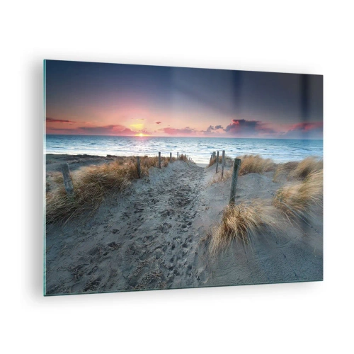 Billede på glas - Sti gennem klitterne, der fører til havet ved solnedgang - 70x50cm - Du har udgydt en regnbue af strålende pragt.... - Moderne vægdekoration til stue og soveværelse ARTTOR