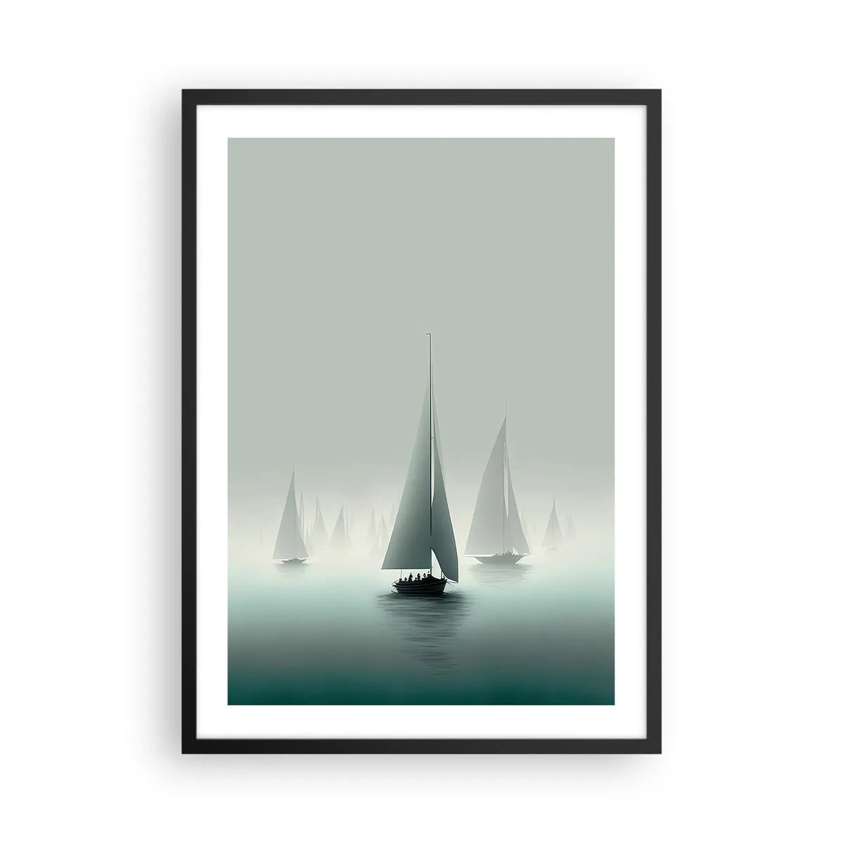 Plakat i sort ramme - En gruppe sejlbåde sejler på et tåget hav, omgivet af roligt vand. - 50x70cm - Bygget af tåge - Moderne vægdekoration til stue og soveværelse ARTTOR