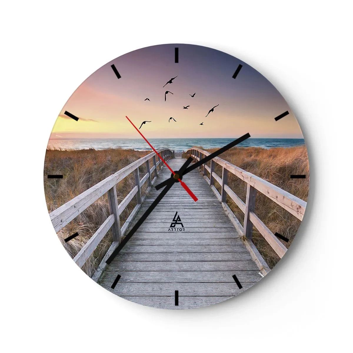 Vægur, Uret - Træbro, der fører til stranden ved solnedgang - 30x30cm - Rummet med højder - Moderne vægdekoration til stue, køkken og soveværelse ARTTOR