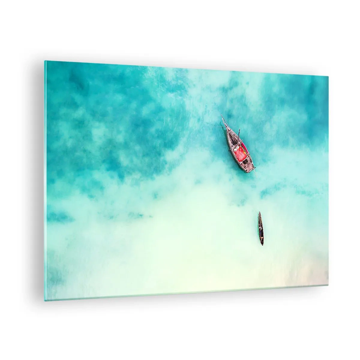 Billede på glas - Både på azurblåt vand i fredelige omgivelser - 70x50cm - For på Zanzibars strande, når det overskydende vand... - Moderne vægdekoration til stue og soveværelse ARTTOR