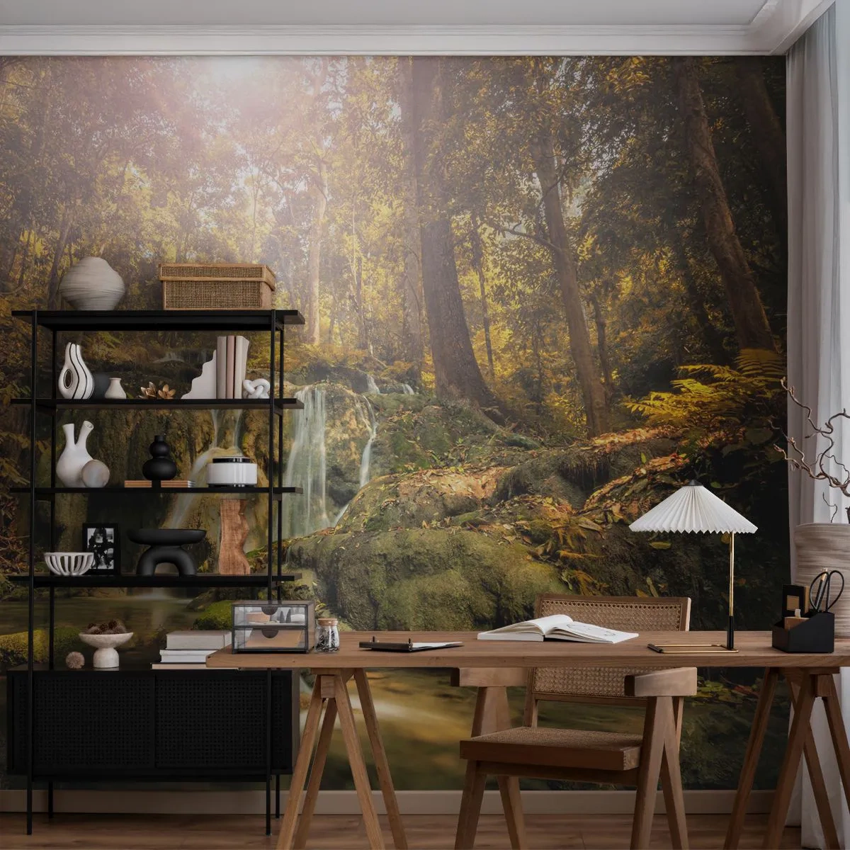 Fototapet Premium Canvas - Skovkaskade i grønt - Landskab, Vandfald, Skov - 450x315 cm