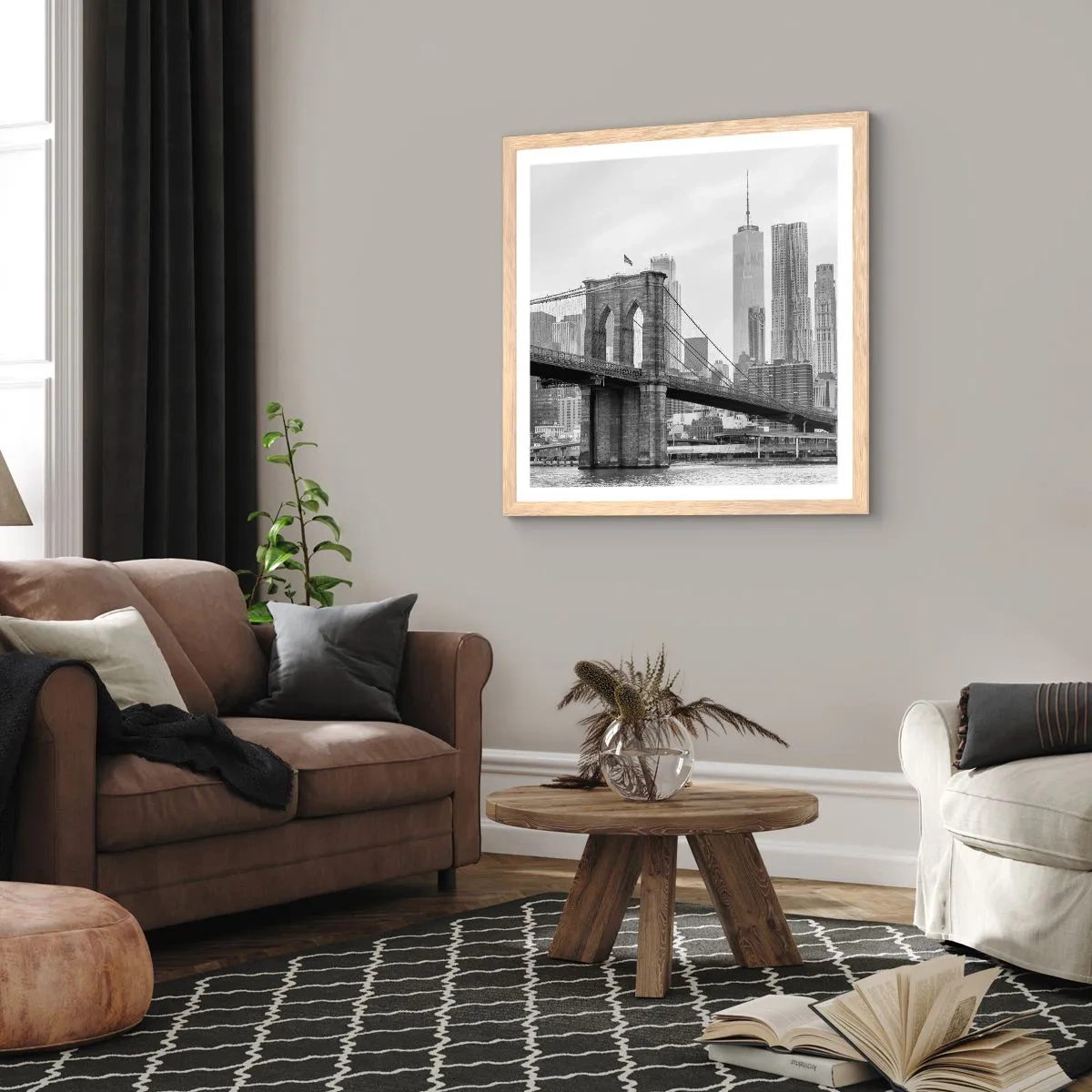 Plakat i ramme af lyst egetræ - New York stemning - 30x30 cm