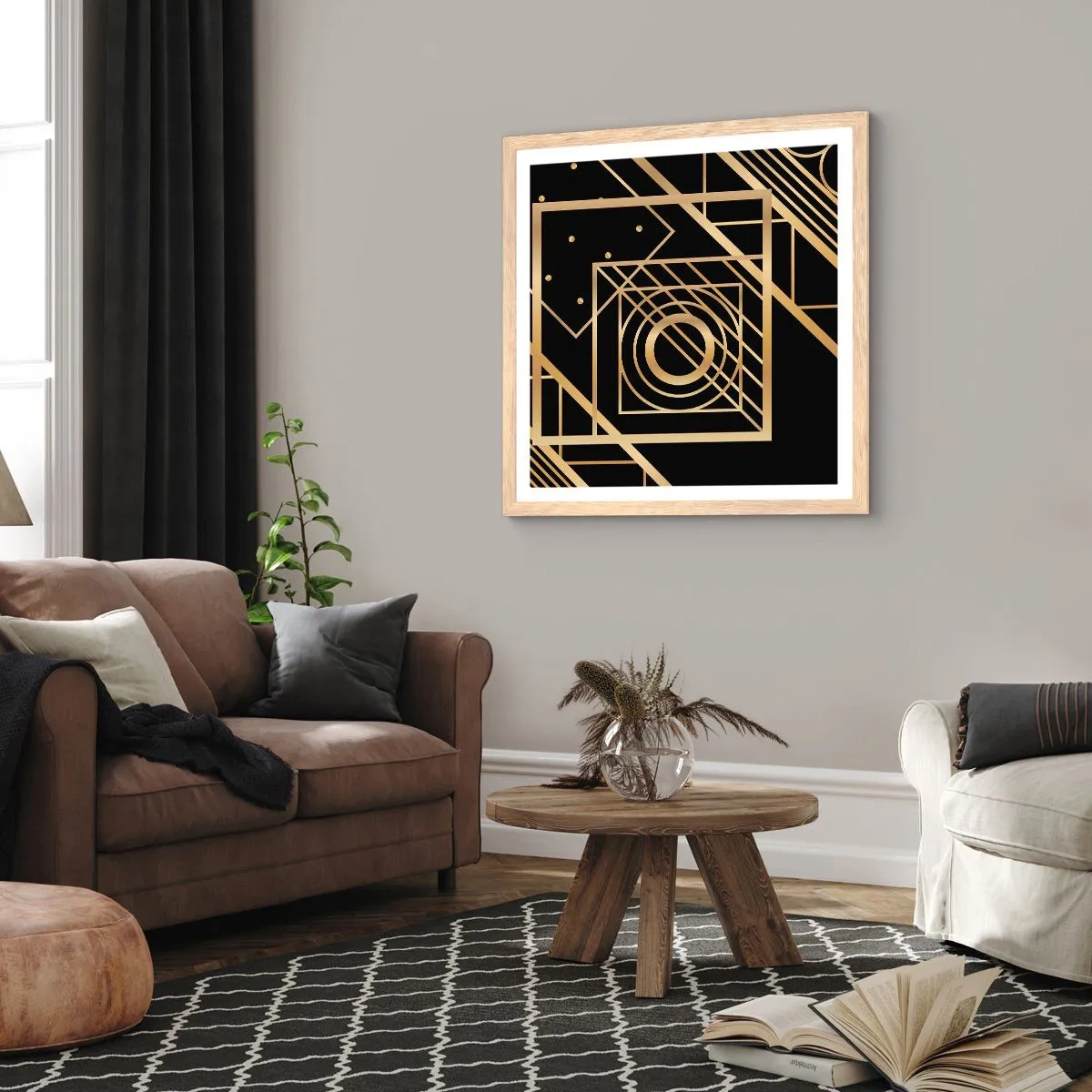 Plakat i ramme af lyst egetræ - Gylden geometri - 30x30 cm