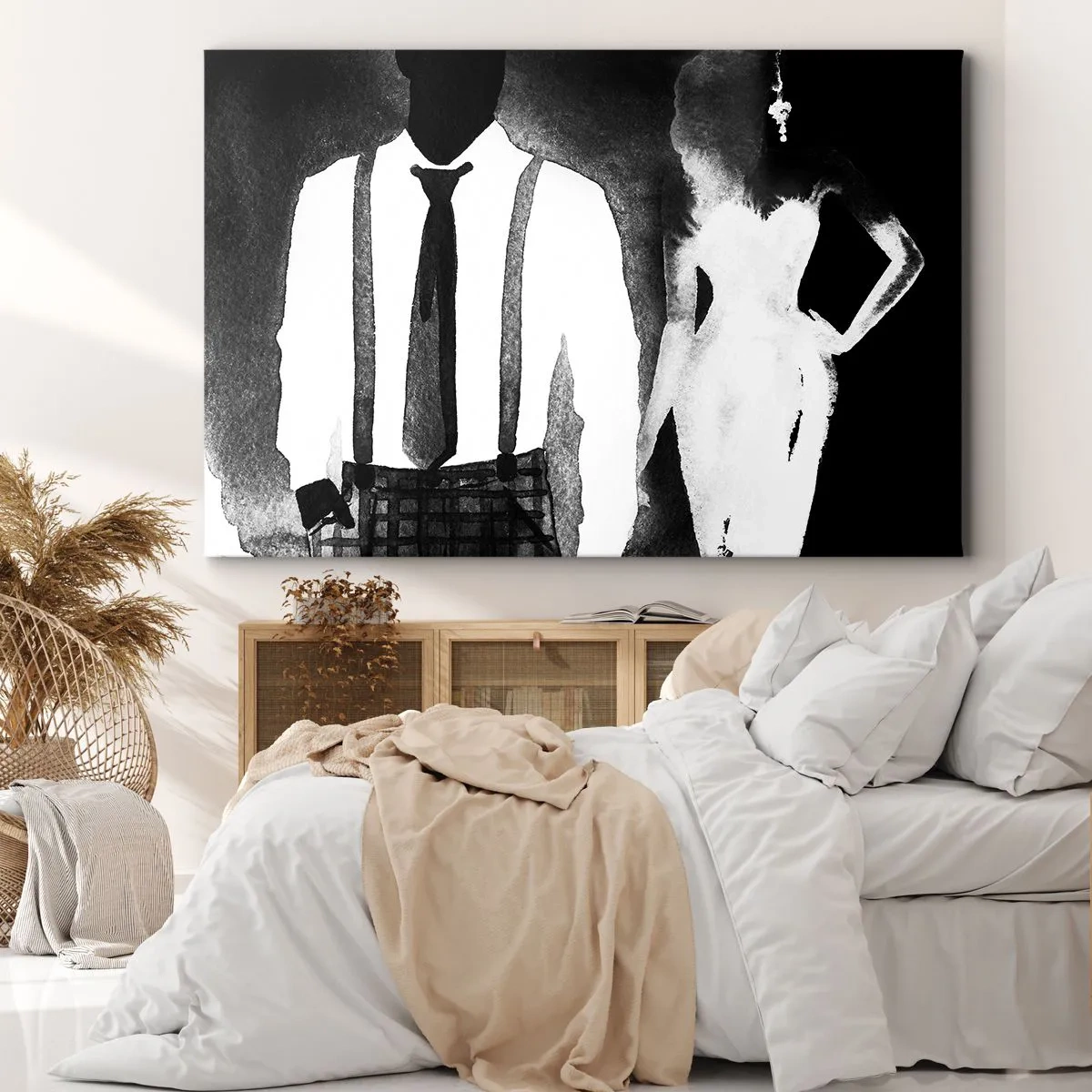 Lærredstryk - Billede på lærred - Noir-stilfigurer, sort-hvid elegance og mystik - 70x50cm - I en noir-atmosfære - Moderne vægdekoration til stue og soveværelse ARTTOR