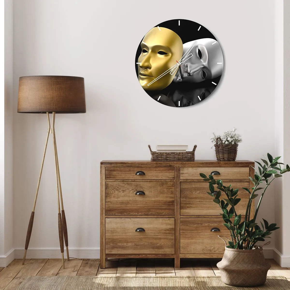 Vægur, Uret - Guld- og sølvteatermaske på sort baggrund - 30x30cm - Livet er teater - Moderne vægdekoration til stue, køkken og soveværelse ARTTOR