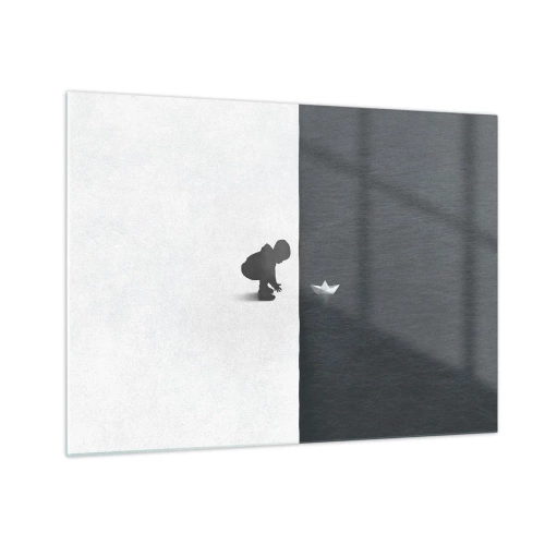 Billede på glas - Silhuet af et barn, der søsætter en papirbåd i vandet - 70x50cm - Stor ekspedition - Moderne vægdekoration til stue og soveværelse ARTTOR