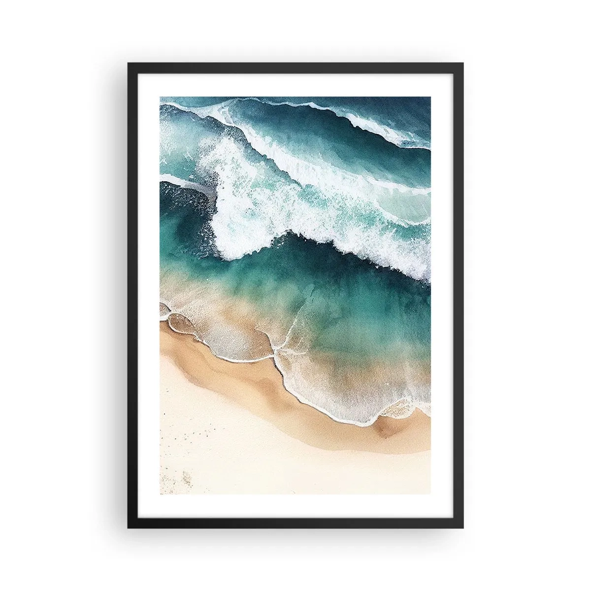 Plakat i sort ramme - Havbølger, der slår mod stranden - 50x70cm - Et evigt møde - Moderne vægdekoration til stue og soveværelse ARTTOR