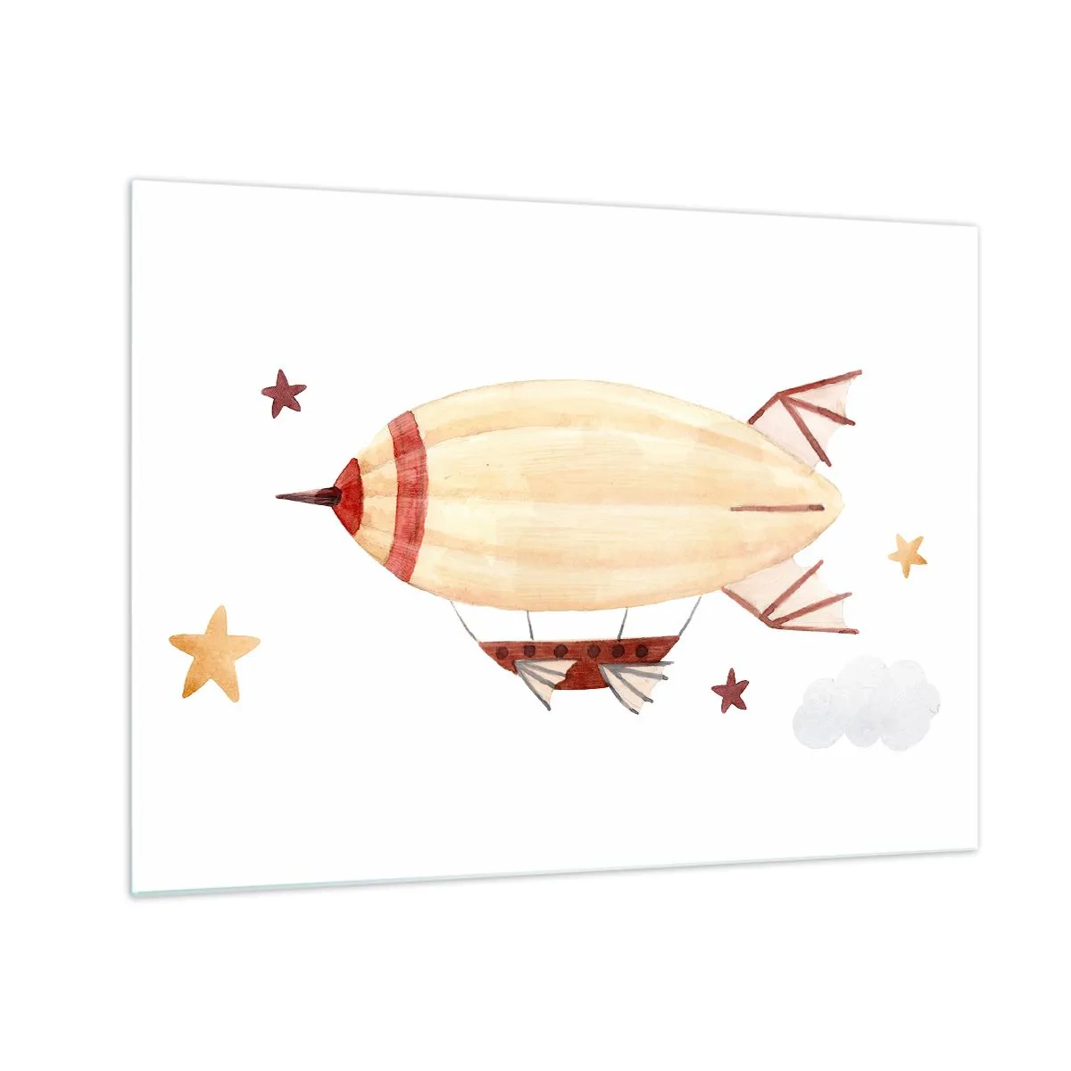Billede på glas - Et tegneserieluftskib blandt stjernerne på en hvid baggrund - 70x50cm - Et luftskib - Moderne vægdekoration til stue og soveværelse ARTTOR