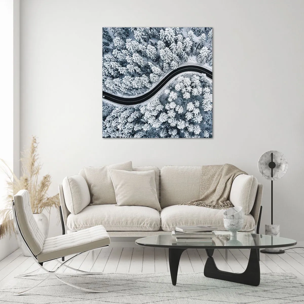 Billede på glas - Gennem en vinterskov - 60x60 cm