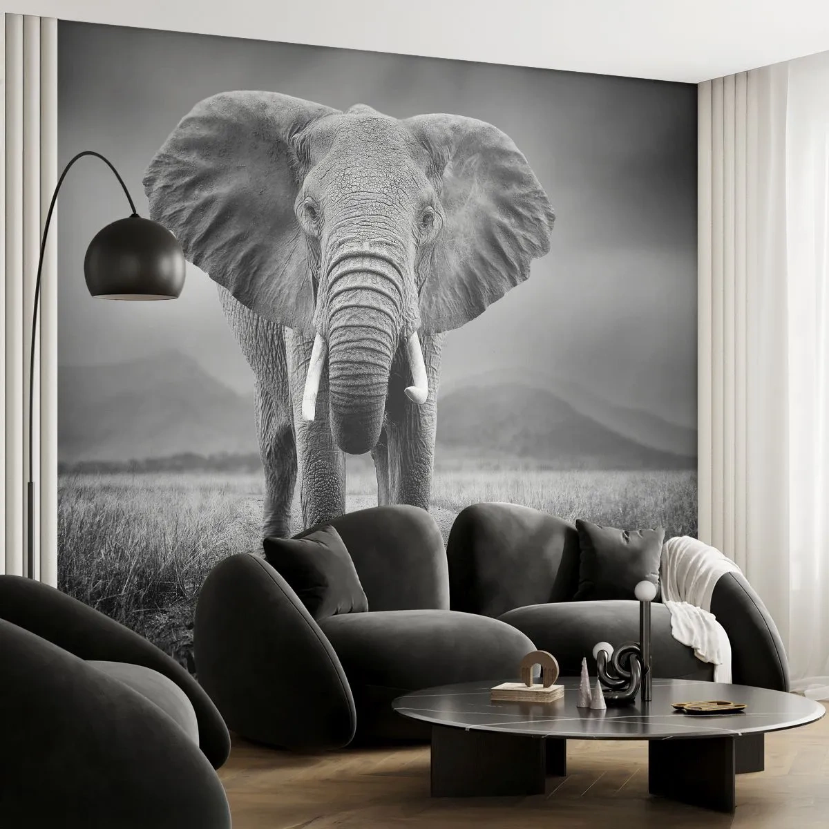 Fototapet Selvklæbende Deluxe Sticker - Værten byder velkommen til - Elefant, Dyr, Landskab - 250x175 cm