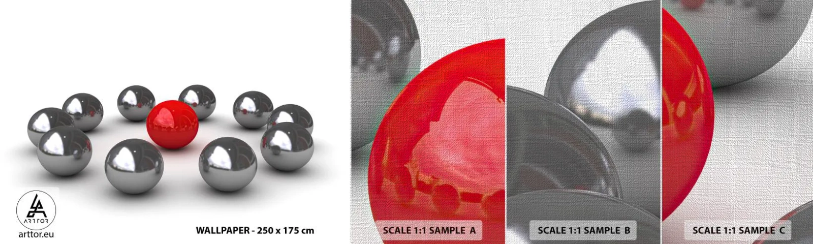 Prøve Fototapet Premium Canvas - Cirkel i sølv og rød - Abstraktion, 3D, runde bolde - 100x30 cm