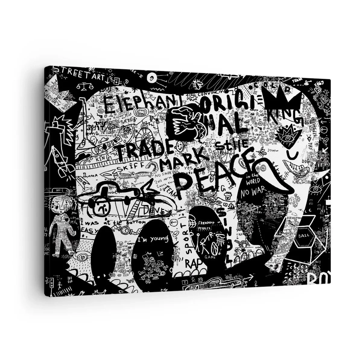 Lærredstryk - Billede på lærred - Sort-hvid grafik med graffitimotiver - 70x50cm - Gadens rige verden - Moderne vægdekoration til stue og soveværelse ARTTOR