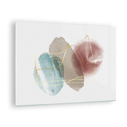 Billede på glas - Abstrakte akvarelstænk og gyldne linjer - 70x50cm - Rummets perler - Moderne vægdekoration til stue og soveværelse ARTTOR