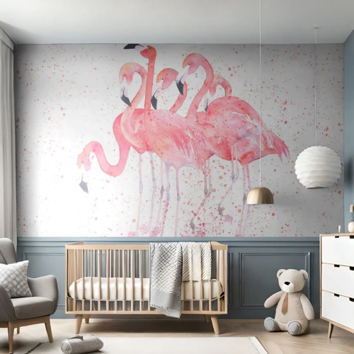 Fototapet på mål Premium Canvas - Lyserød ansambl - Flamingoer, Fugle, Grafik
