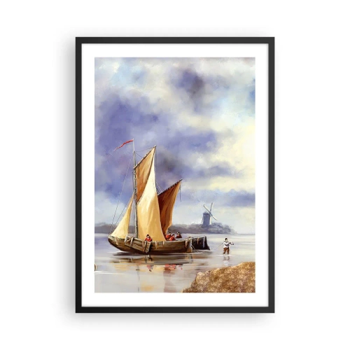 Plakat i sort ramme - Et sejlskib ved kysten med en vindmølle i baggrunden - 50x70cm - Sømændenes tilbagevenden - Moderne vægdekoration til stue og soveværelse ARTTOR