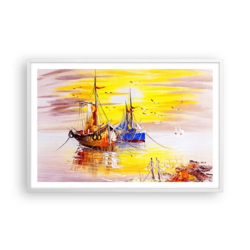 Plakat i hvid ramme - Et velfortjent hvil i havnen - 91x61 cm