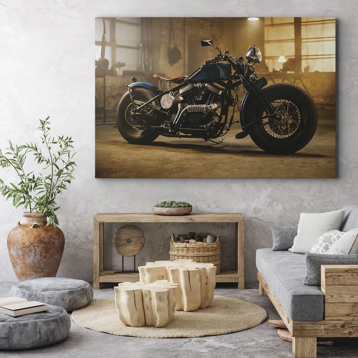 Lærredstryk - Billede på lærred - En stilfuld motorcykel i et industrielt interiør med varm belysning - 70x50cm - Jeg kan gøre alt - Moderne vægdekoration til stue og soveværelse ARTTOR