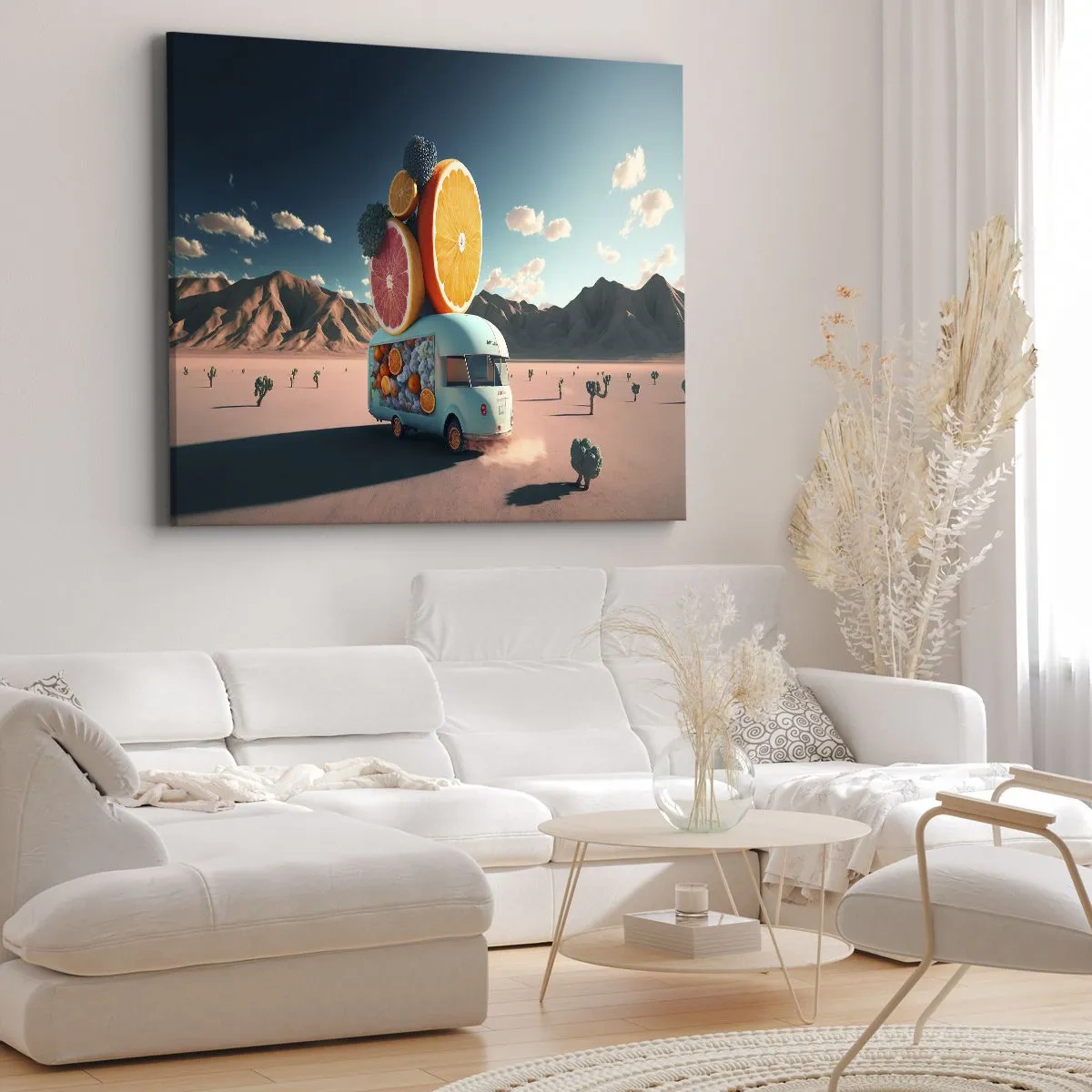 Lærredstryk - Billede på lærred - Frugtvogn i et ørkenlandskab - 70x50cm - En smag af ferie - Moderne vægdekoration til stue og soveværelse ARTTOR