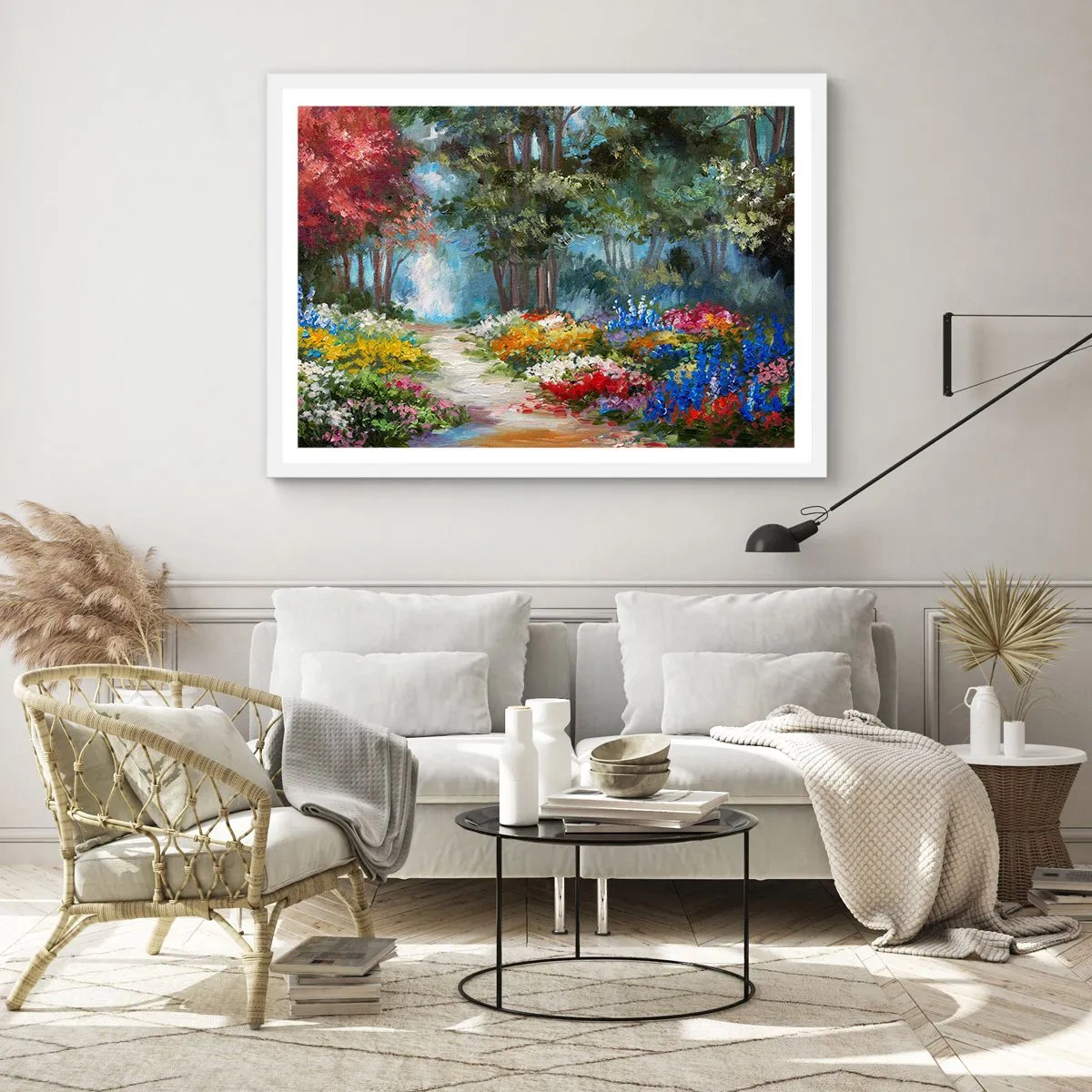 Plakat i hvid ramme - Skovhave, blomsterskov - 100x70 cm