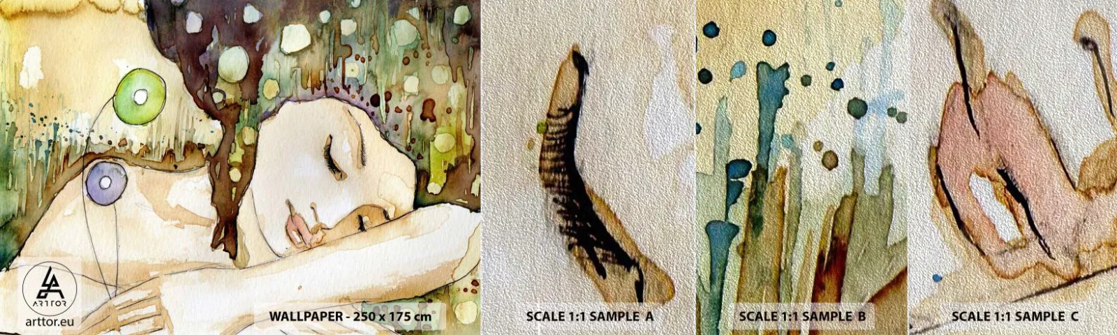 Prøve Fototapet Premium Sand - Smaragd-violet drøm - Abstraktion, Kvinde, Illustration - 100x30 cm