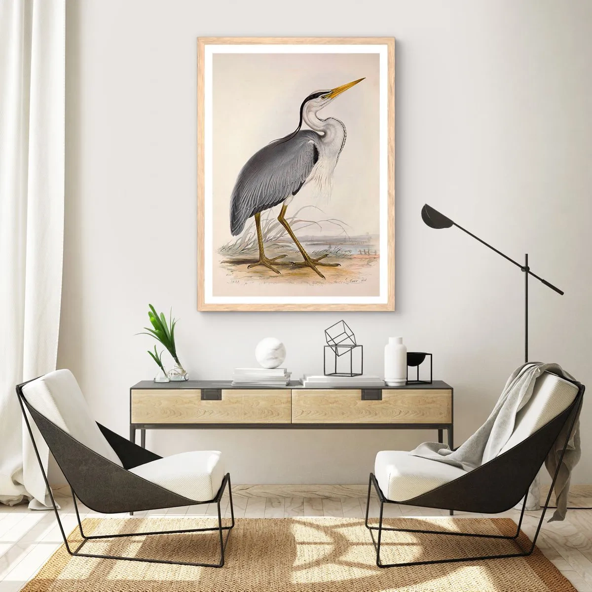 Plakat i ramme af lyst egetræ - Fiskehejre-charme - 70x100 cm