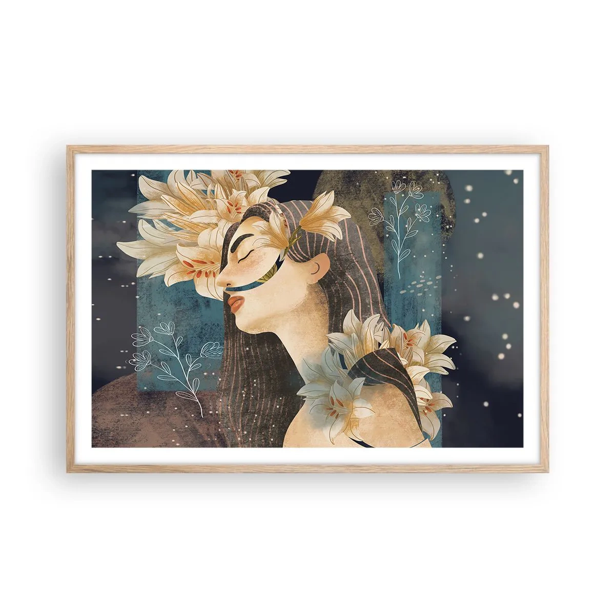 Plakat i ramme af lyst egetræ - Eventyret om prinsessen med liljerne - 91x61 cm