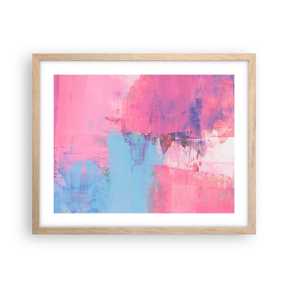 Plakat i ramme af lyst egetræ - Lyserød, blå og en knivspids lys - 50x40 cm