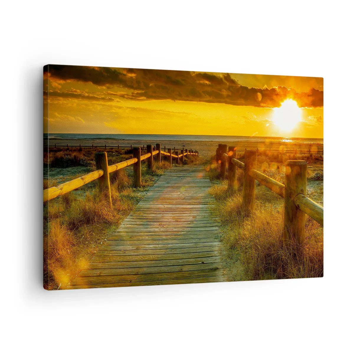 Lærredstryk - Billede på lærred - En træsti, der fører til stranden i den nedgående sols skær - 70x50cm - Badet i gammelt guld - Moderne vægdekoration til stue og soveværelse ARTTOR
