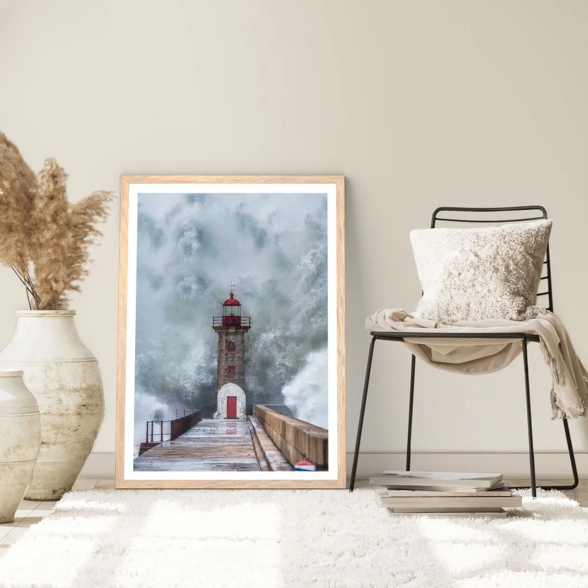 Plakat i ramme af lyst egetræ - Vandets brusen, vindens susen, lyden af vinden - 50x70 cm