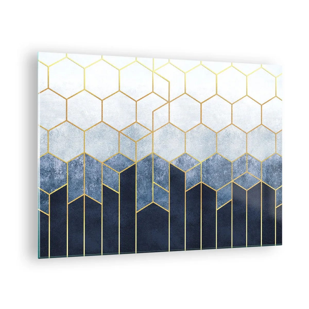 Billede på glas - Geometrisk mønster i guld og marineblå farver - 70x50cm - Komposition i synkoperet rytme - Moderne vægdekoration til stue og soveværelse ARTTOR