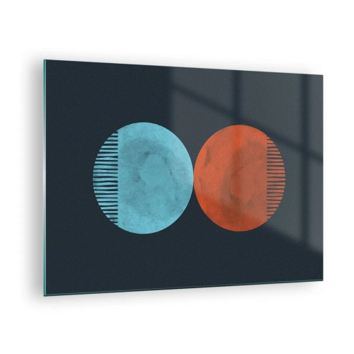 Billede på glas - Abstrakte cirkler i blåt og orange - 70x50cm - Kun geometri? - Moderne vægdekoration til stue og soveværelse ARTTOR