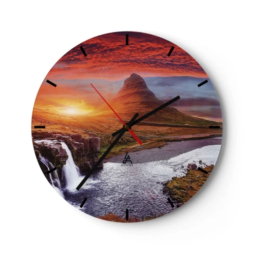 Vægur, Uret - Et malerisk landskab med et bjerg, et vandfald og en solnedgang - 30x30cm - En udsigt over Midgård - Moderne vægdekoration til stue, køkken og soveværelse ARTTOR