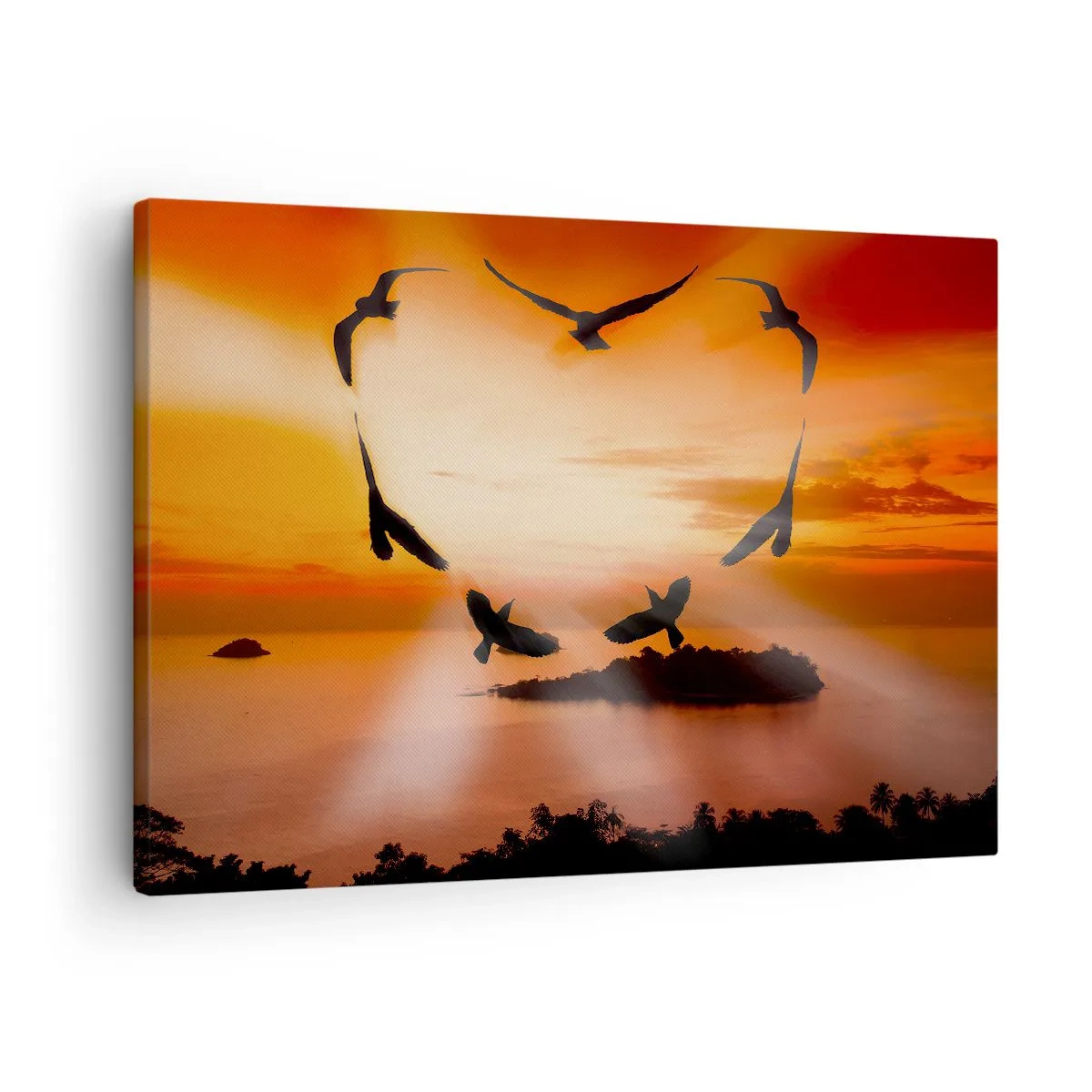 Lærredstryk - Billede på lærred - Fugle danner et hjerte mod baggrunden af den nedgående sol - 70x50cm - Elsk verden som en fugl - Moderne vægdekoration til stue og soveværelse ARTTOR