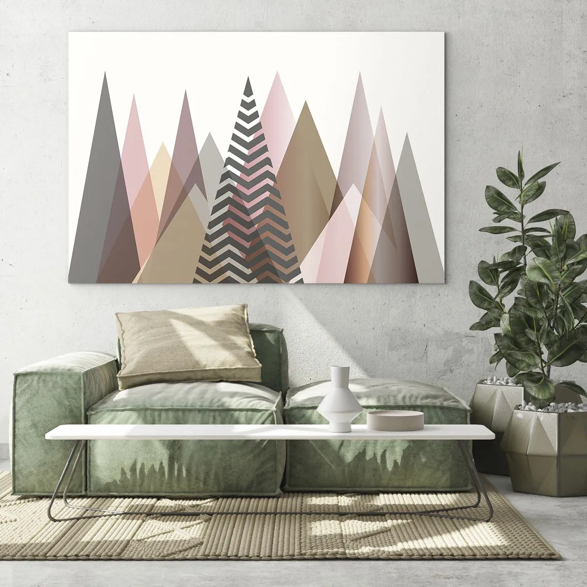 Billede på glas - Geometriske pastelfarvede bjerge med et centralt mønster - 70x50cm - Pyramide udsigt - Moderne vægdekoration til stue og soveværelse ARTTOR