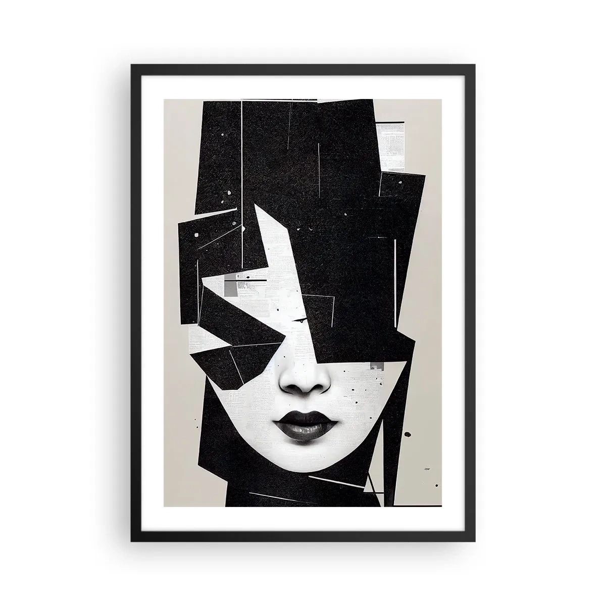 Plakat i sort ramme - Abstrakt portræt af en kvinde i sort-hvid - 50x70cm - Dybt skjult - Moderne vægdekoration til stue og soveværelse ARTTOR