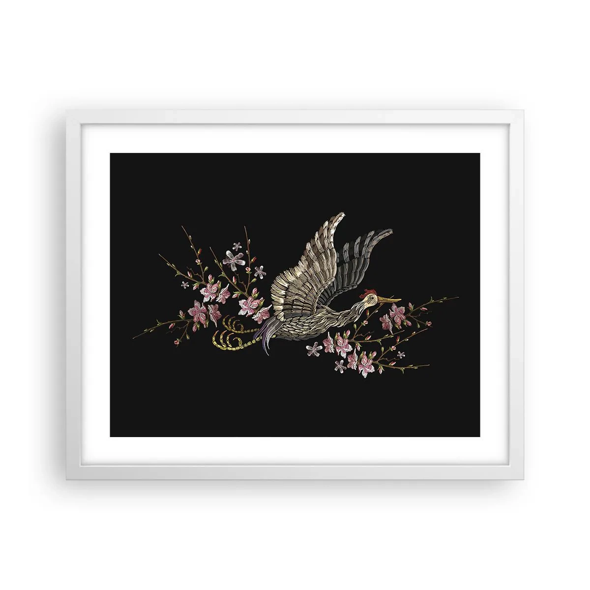 Plakat i hvid ramme - Eksotisk broderet fugl - 50x40 cm