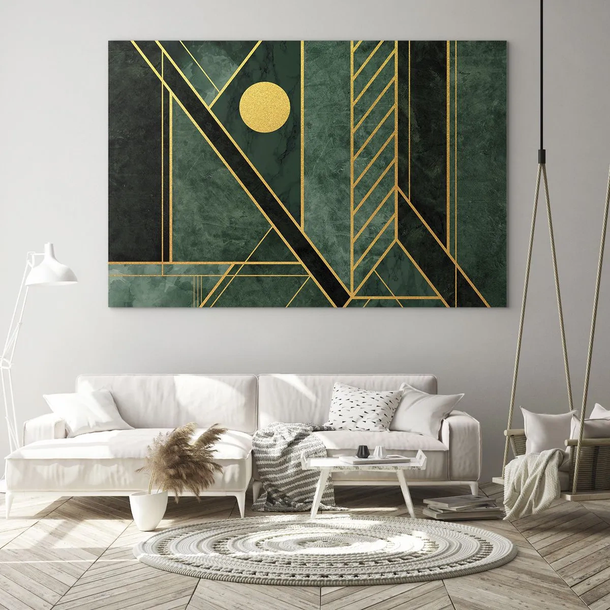 Billede på glas - Grøn og guld geometrisk abstraktion i Art Deco-stil - 70x50cm - Dynamikken i guld og azurblå - Moderne vægdekoration til stue og soveværelse ARTTOR