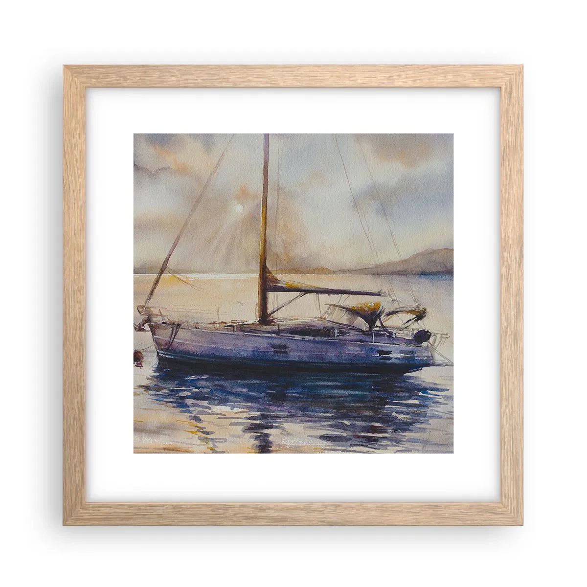 Plakat i ramme af lyst egetræ - Aften i bugten - 30x30 cm