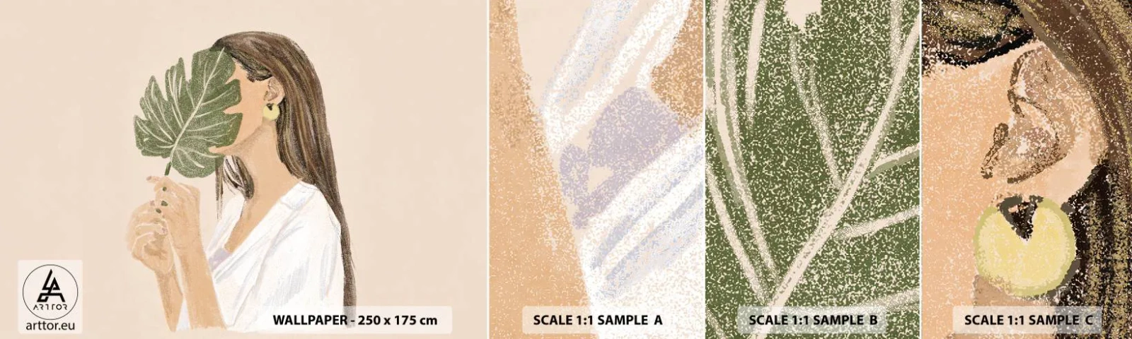 Fototapet Prøve Standard Eco - Mystisk portræt med en vifte - Blad, Kvinde, Boho - 100x30 cm