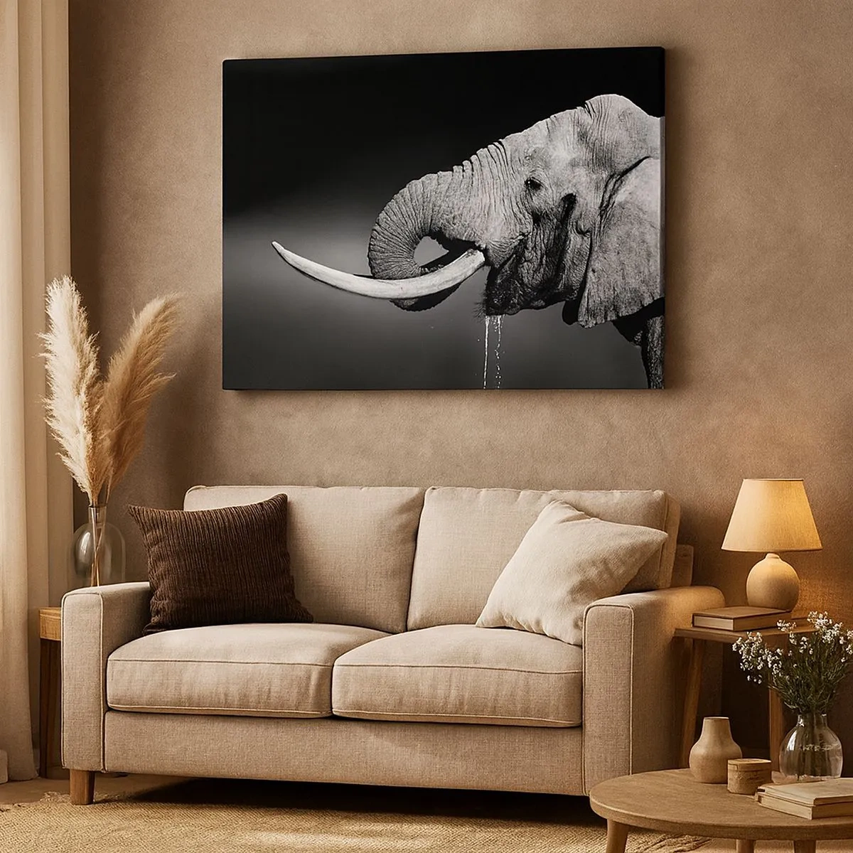 Lærredstryk - Billede på lærred - Sort-hvidt portræt af en elefant i profil - 70x50cm - Ja, det er godt nu - Moderne vægdekoration til stue og soveværelse ARTTOR
