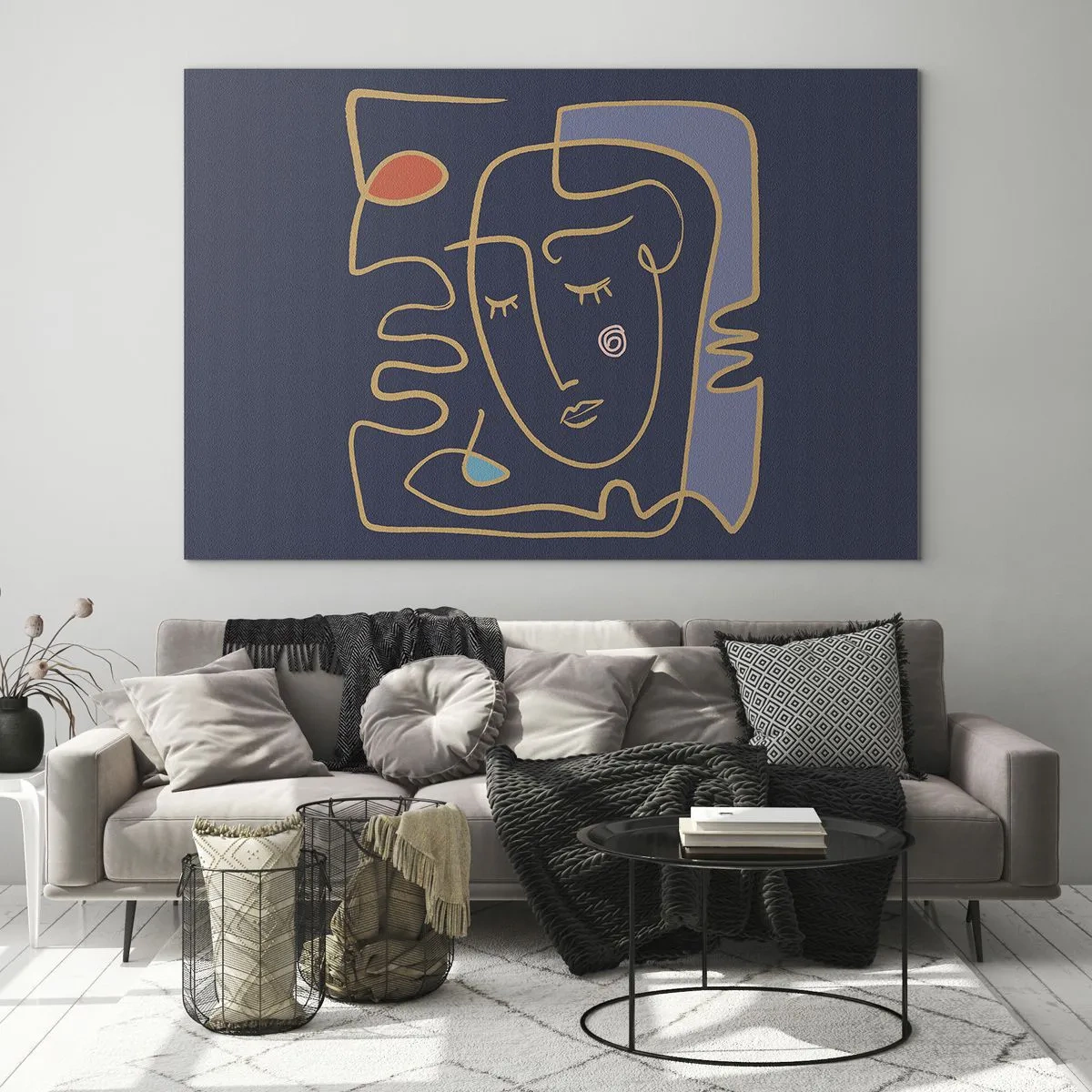 Billede på glas - Abstrakt ansigt i omrids på en marineblå baggrund - 70x50cm - I drømmerier - Moderne vægdekoration til stue og soveværelse ARTTOR