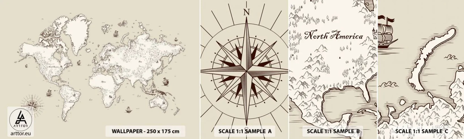 Fototapet Prøve Standard Eco - En rejse rundt om i verden - Verdenskort, Kontinenter, Piratskib - 100x30 cm