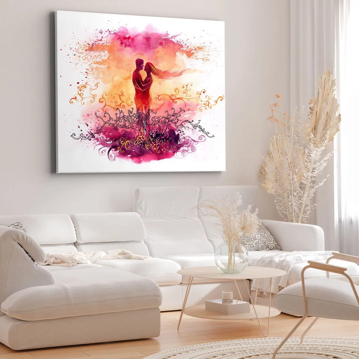 Lærredstryk - Billede på lærred - Et par omfavner hinanden mod et abstrakt lyserødt og orange mønster - 70x50cm - Ét hjerte! Jeg har brug for så lidt... - Moderne vægdekoration til stue og soveværelse ARTTOR
