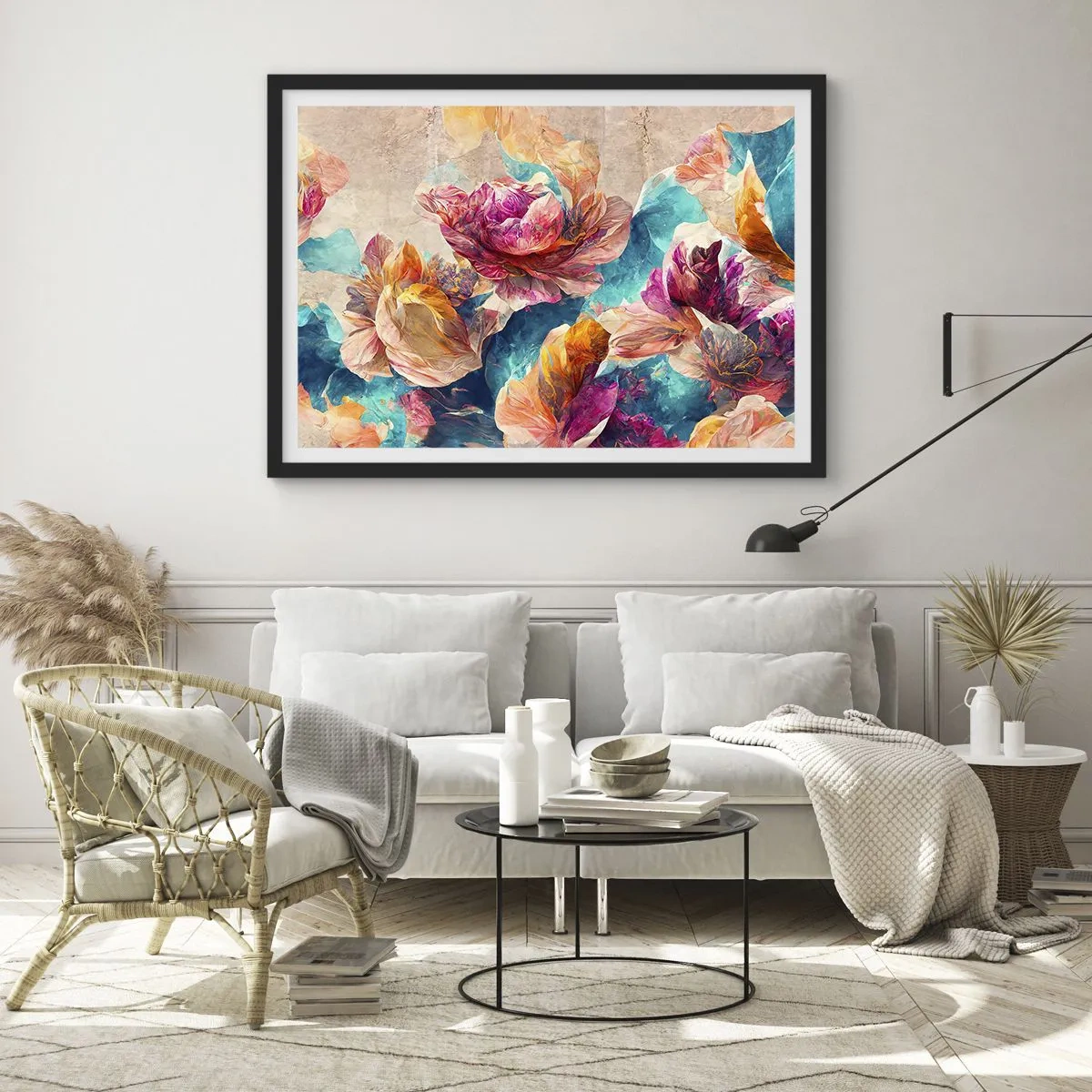 Plakat i sort ramme - Den farverige pragt i en buket - 70x50 cm