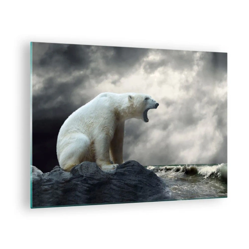 Billede på glas - En isbjørn mod en stormfuld himmel - 70x50cm - Den ensomme konge af Arktis - Moderne vægdekoration til stue og soveværelse ARTTOR