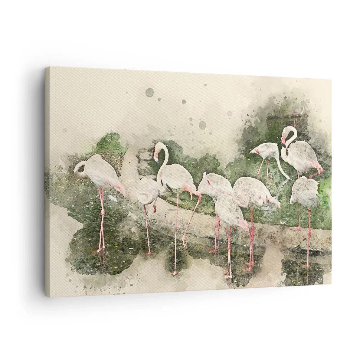 Lærredstryk - Billede på lærred - Flamingoer i deres naturlige omgivelser i akvarelstil - 70x50cm - En eksotisk drøm - Moderne vægdekoration til stue og soveværelse ARTTOR