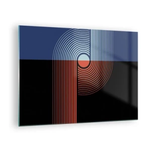 Billede på glas - Moderne geometrisk grafik i kontrasterende farver - 70x50cm - I en geometrisk omfavnelse - Moderne vægdekoration til stue og soveværelse ARTTOR